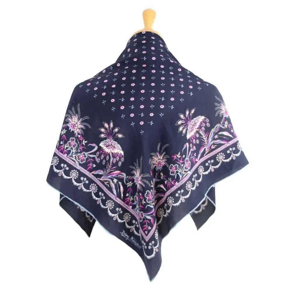 32.5"x34" Dany. F BLUE MULTICOLOR FLORAL SILK HANDROLLED SCARF SHAWL WRAP (B46